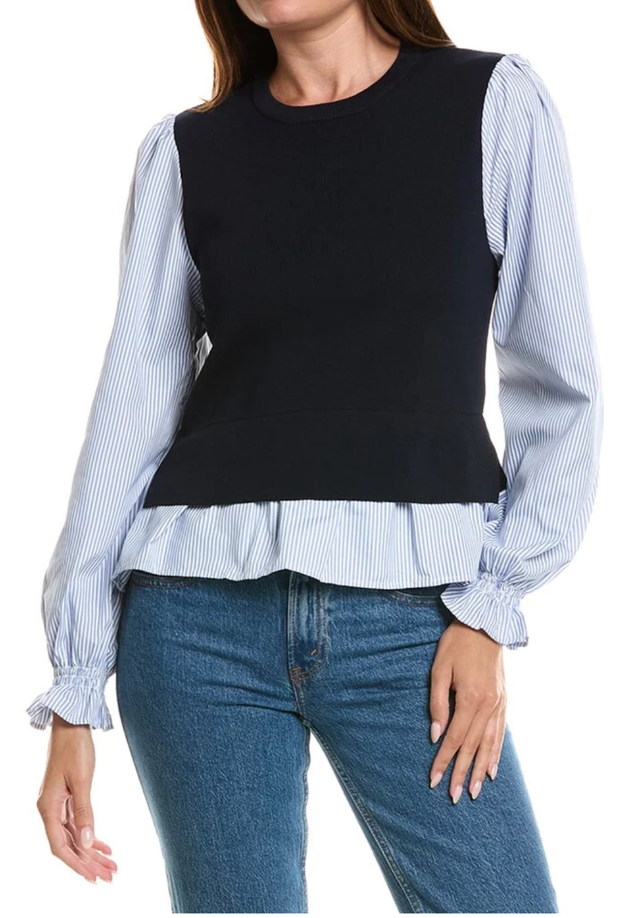 Nanette Lepore Women's Navy Knit mixed Pinstripe Peplum Top Preppy size-L